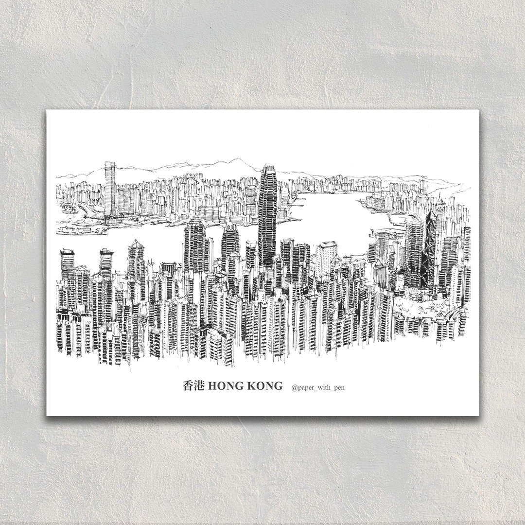 A6 香港手绘街景明信片: 太平山顶 Hong Kong Peak - 卡片/明信片 - 纸 