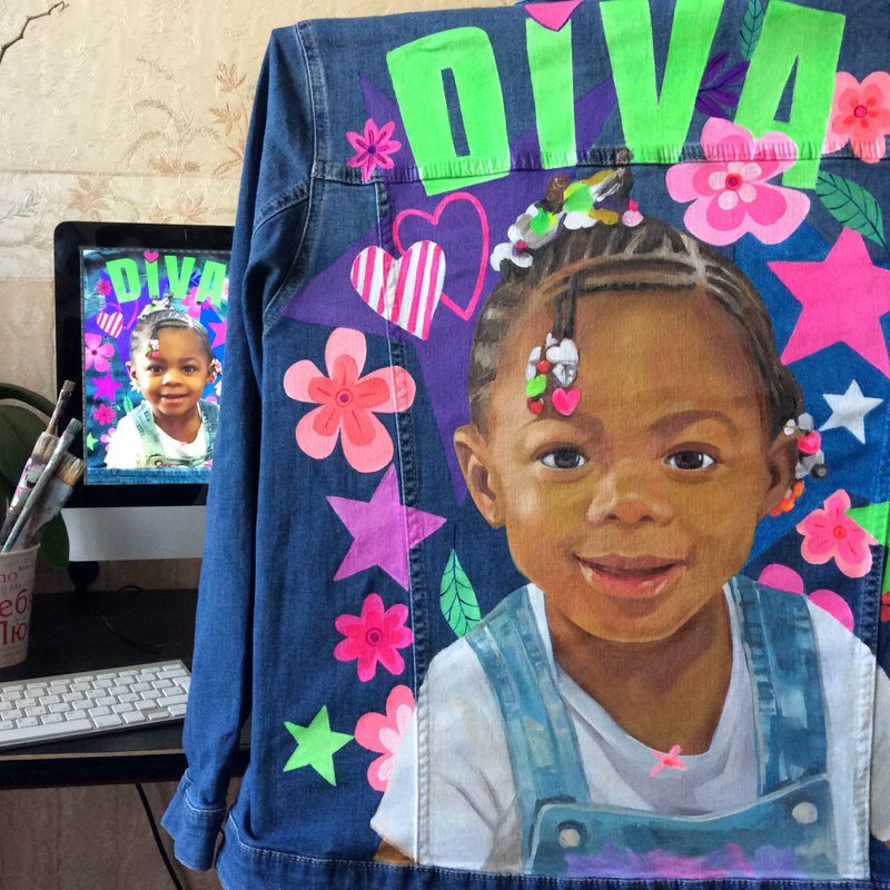 Custom Portrait jacket Painted Denim Jacket Handmade jacket - 女装休闲/机能外套 - 棉．麻 多色