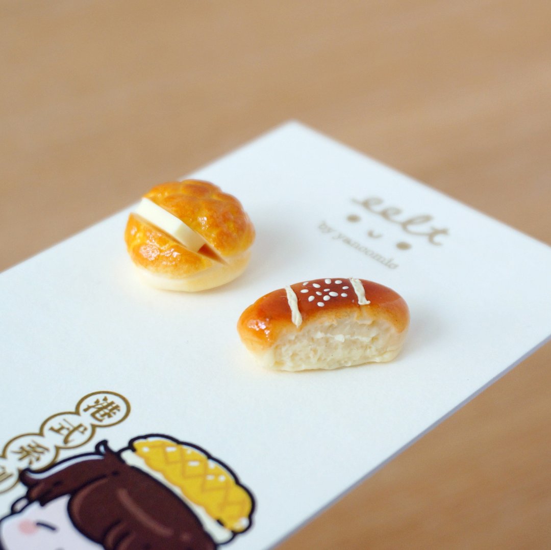 香港茶餐厅系列.鸡尾包配菠萝油.手工耳环 (现货/预订) - 耳环/耳夹 - 树脂 黄色