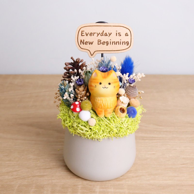 订制 - 胖橘猫干燥花名片夹盆栽 定制化字牌 招财开运升迁新年礼物 - 名片架/名片座 - 木头 橘色