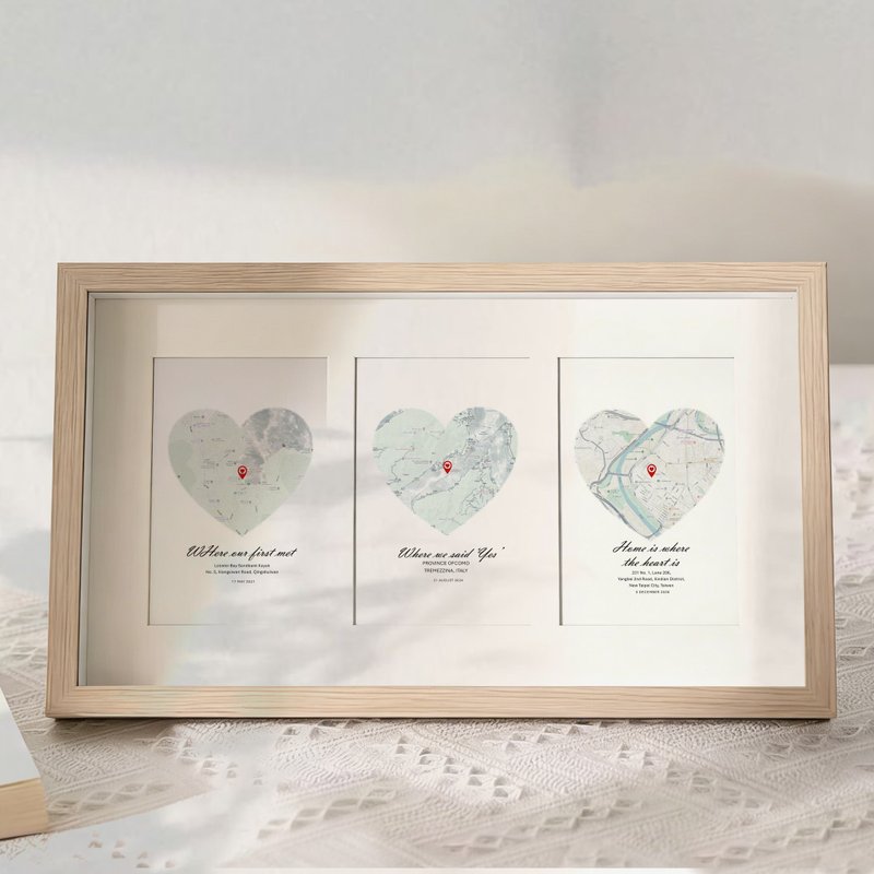 三颗心的旅程地图 【定制化礼物】|生日礼物|周年纪念|结婚|情人 - 画框/相框 - 其他材质 
