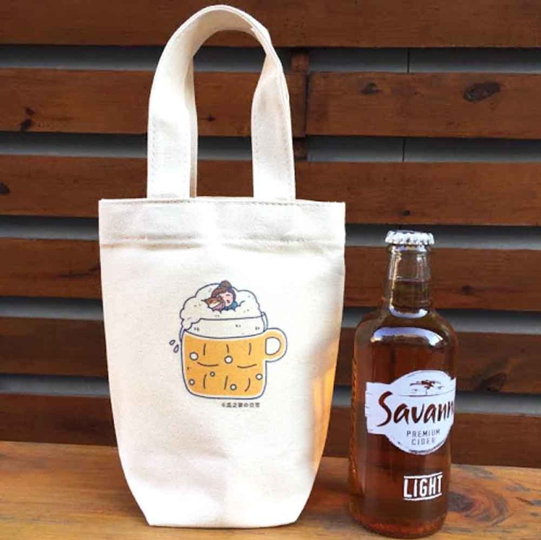 微醺猫の日常 帆布饮料袋(冰坝杯杯) 手工印制 Canvas bag - 随行杯提袋/水壶袋 - 棉 黄色