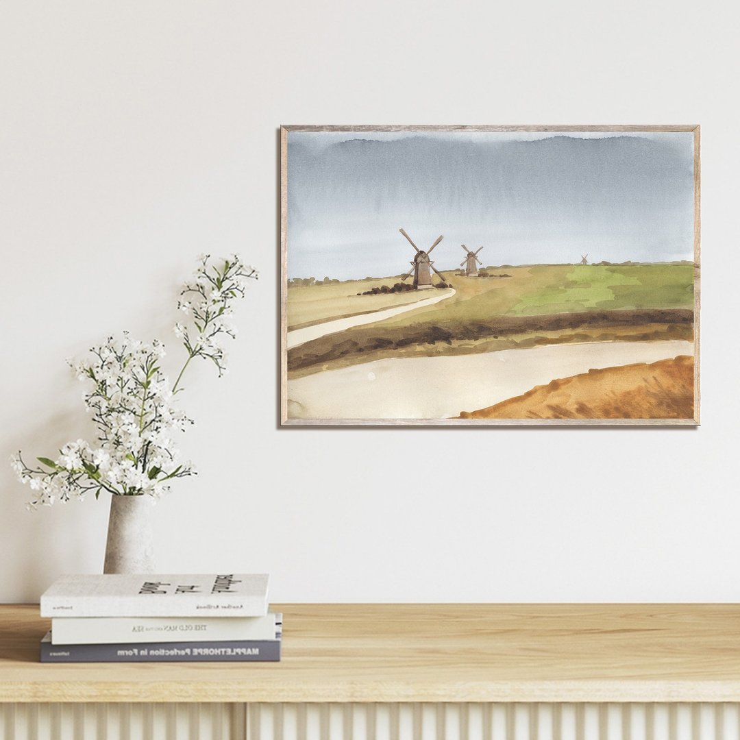 Windmill Art Print Farmhouse Watercolor Painting Village Field Minimalist Art - 海报/装饰画/版画 - 纸 绿色