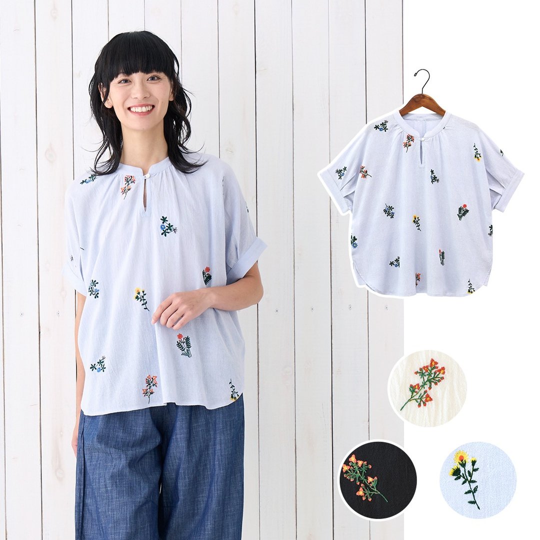 【预订】印度制 花草刺绣短袖衬衫 - 女装上衣 - 棉 蓝色