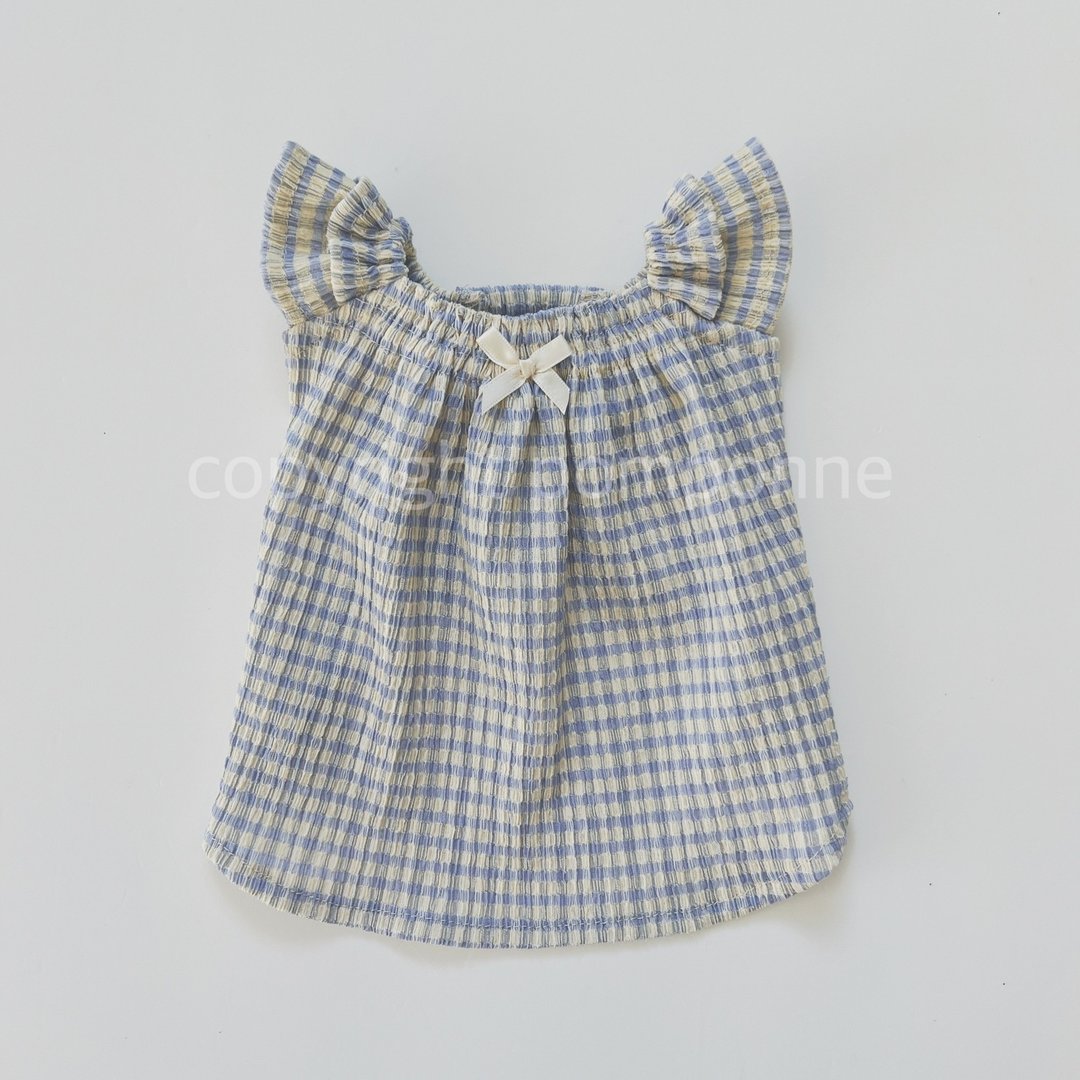 狗狗服饰・格纹蓝白荷叶边细肩带背心 - 衣/帽 - 棉 蓝色