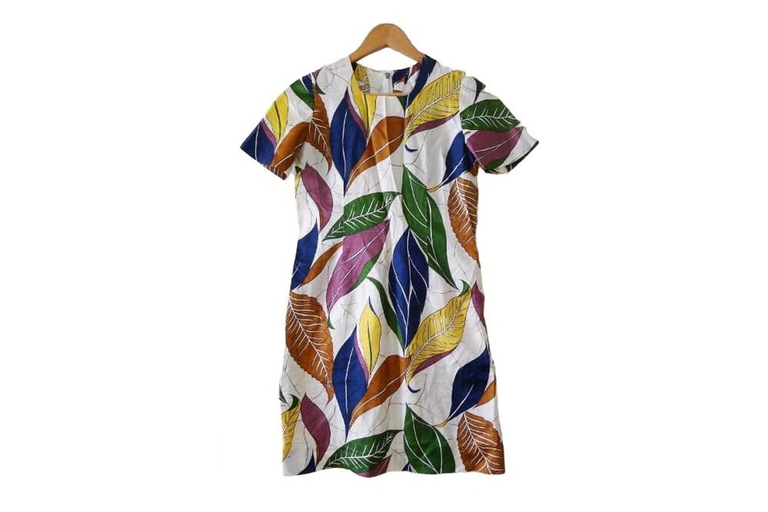 70s Vintage Handmade Silky mini Dress, colorful leaf printed sun dress - 洋装/连衣裙 - 聚酯纤维 多色
