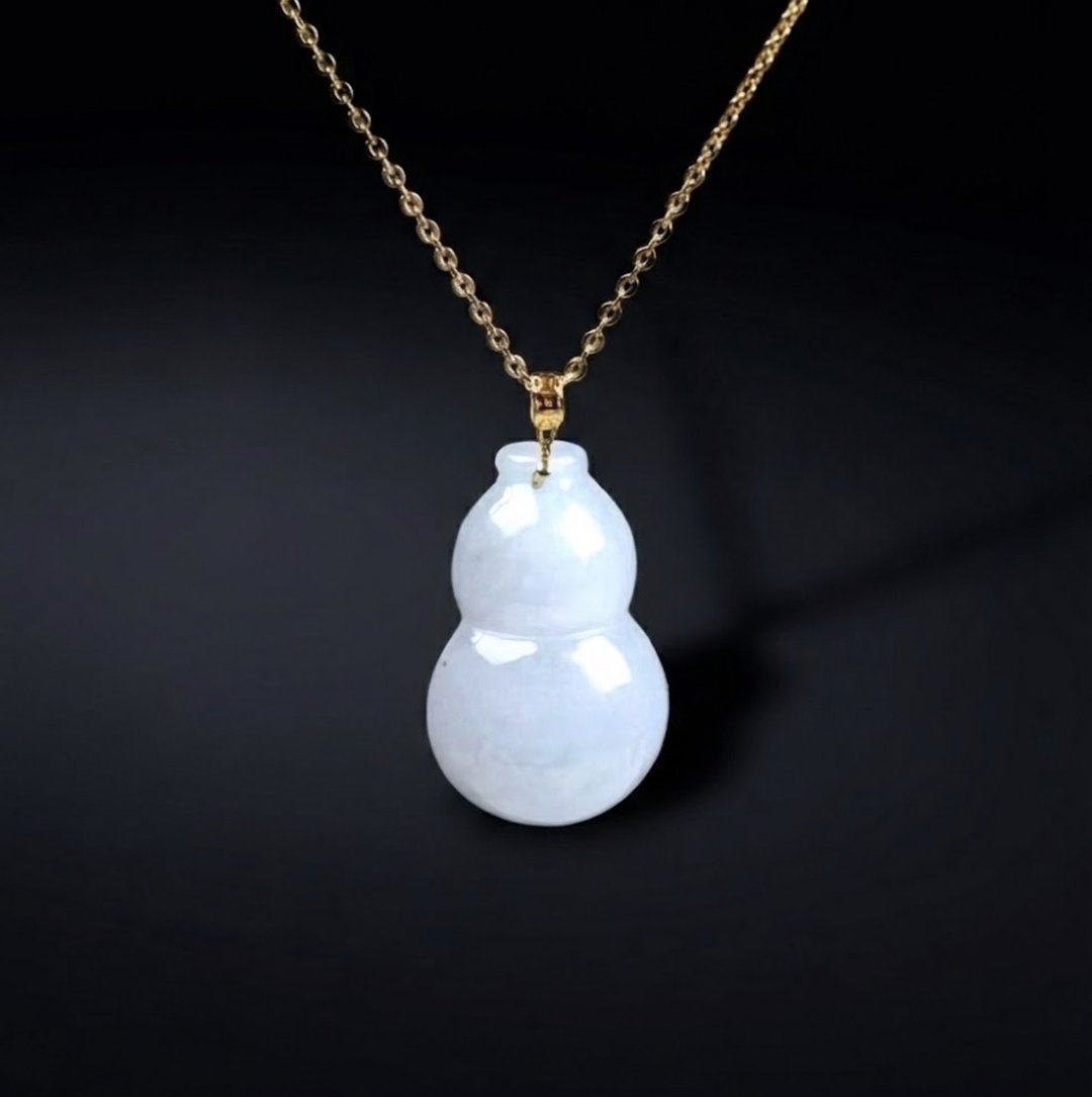 冰种白翡翡翠葫芦项链 18K 金坠头 | 天然缅甸玉翡翠 A 货 | 送礼 - 吊饰 - 玉石 白色