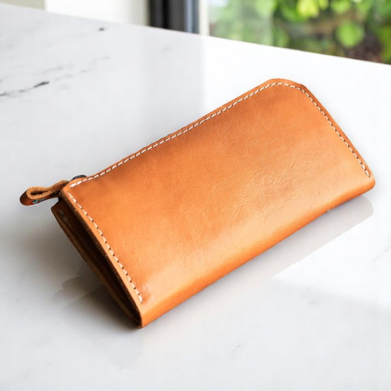 Risco / 简约拉链长夹 【皮革6色×缝线12色任选】免费刻字・刺绣・缝线定制 / 日本制 / 多夹层 / 礼品包装服务 g-65 - 皮夹/钱包 - 真皮 橘色