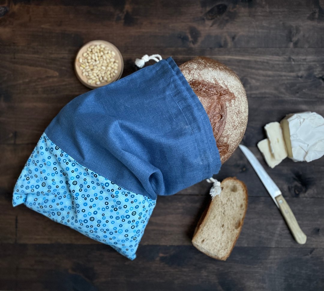 Linen Reusable Drawstring Sourdough Floral Bread Bag, Cottage Style - 调味罐/酱料瓶 - 亚麻 蓝色