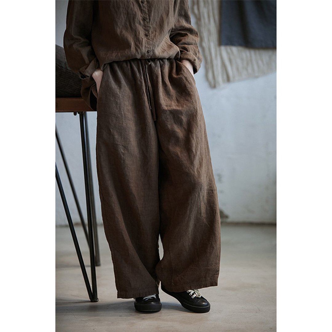 棕色亚麻布流浪萝卜裤 - 女装长裤 - 棉 