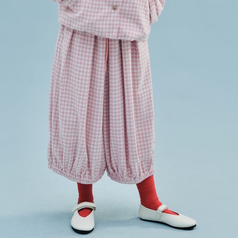 粉格子拉毛阔腿裤 / 裤子 休闲裤 - 女装长裤 - 棉．麻 粉红色