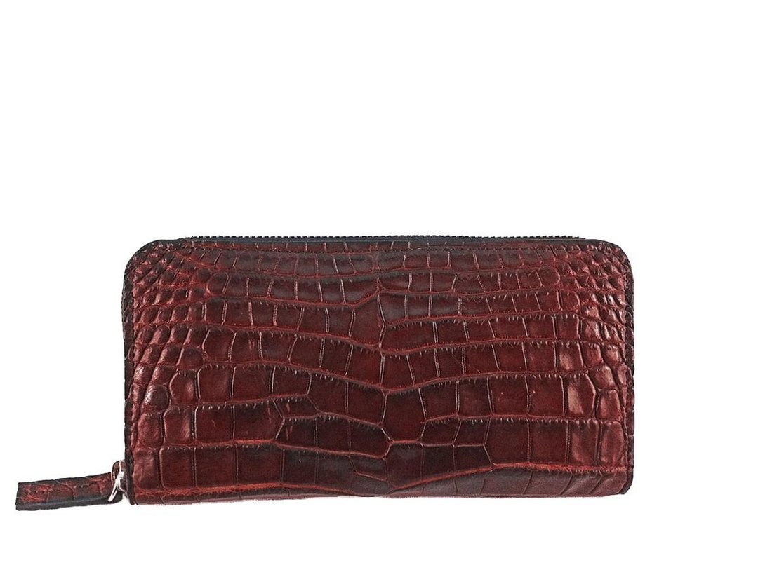 Crocodile Antique Zip Around Wallet - 皮夹/钱包 - 真皮 咖啡色