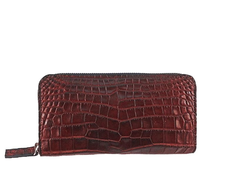 Crocodile Antique Zip Around Wallet - 皮夹/钱包 - 真皮 咖啡色