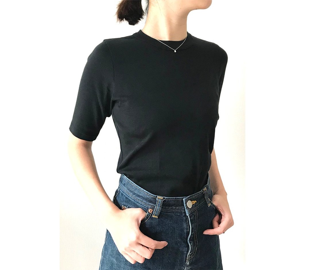 Made in Japan Organic cotton 4-quarter sleeve T-shirt stuck to shape BLACK - 女装 T 恤 - 棉．麻 黑色