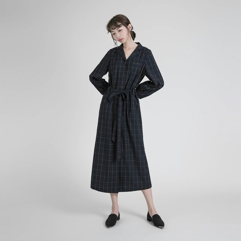 Sudden 蓦然绑带洋装_8AF106_深蓝格纹 - 洋装/连衣裙 - 棉．麻 蓝色