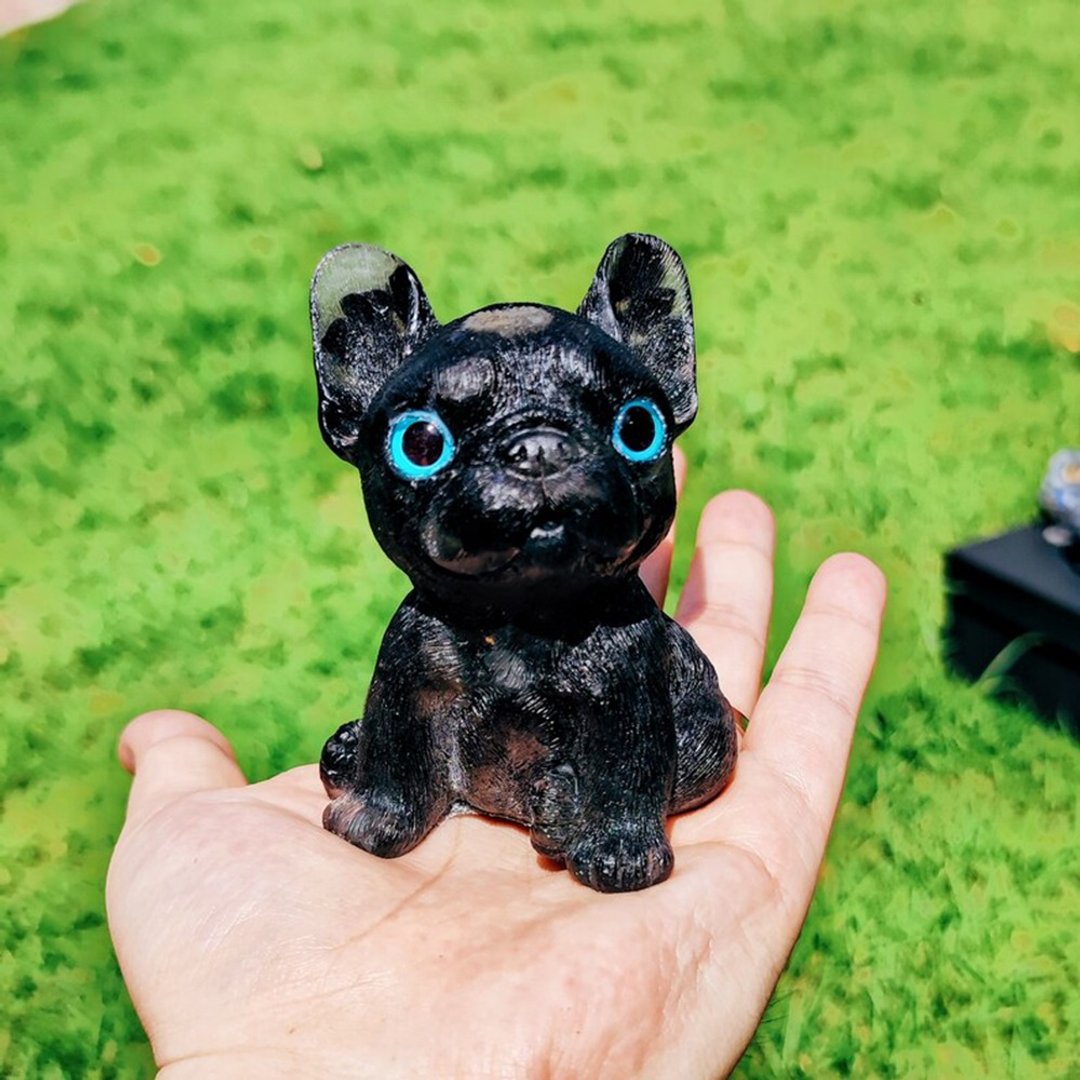 水晶碎石装饰黑曜石滴胶法斗犬摆件 辟邪镇宅防小人 - 摆饰 - 树脂 