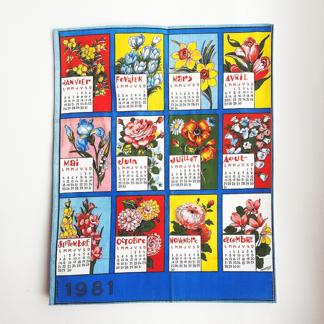 1981年 法国 老件 植物图鉴 月历 茶巾 / 挂布 - 海报/装饰画/版画 - 棉 蓝色