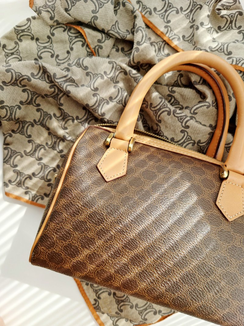 中古极美品 CELINE 棕花 迷你波士顿包 单肩包斜背包斜挎包手拿包 - 侧背包/斜挎包 - 防水材质 咖啡色