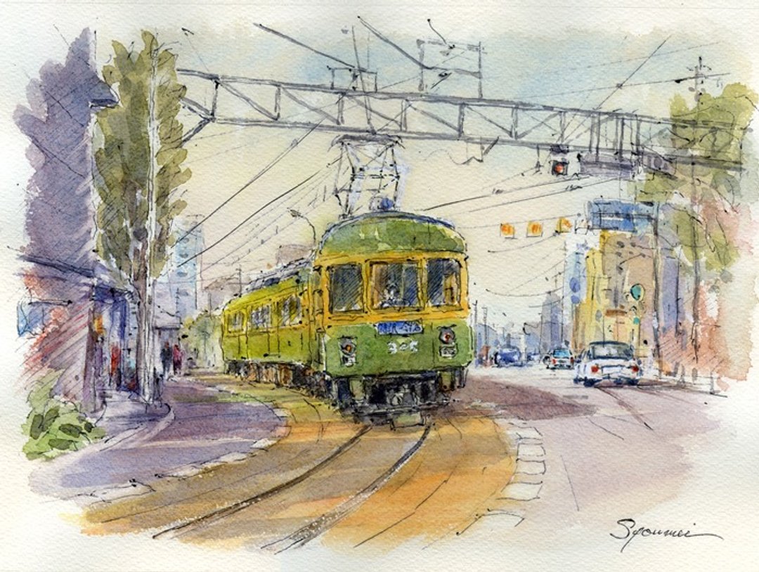 Enoshi running watercolor shopping district - 海报/装饰画/版画 - 纸 卡其色