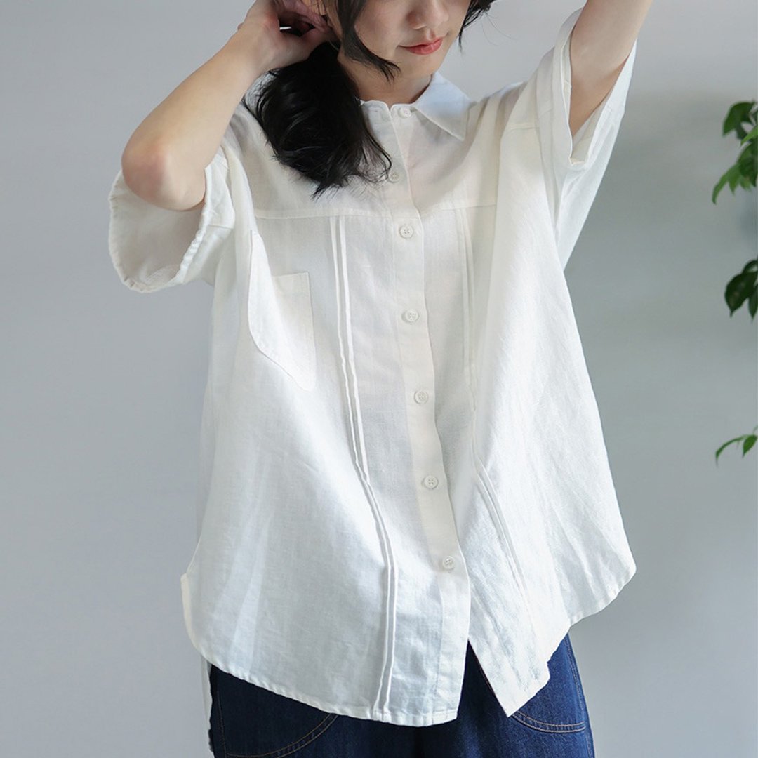个性口袋亚麻休闲衬衫 白色 F - 女装衬衫 - 棉．麻 白色