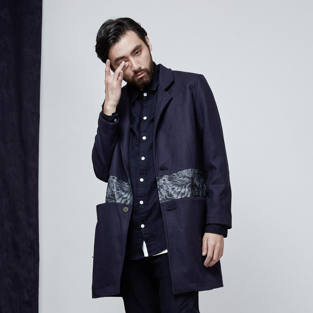 DYCTEAM - Wool Stitching Jacquard  Denim Coat 拼接羊毛大衣 - 男装外套 - 棉 蓝色