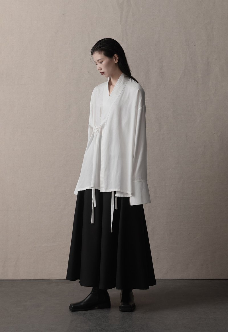 禅意仙气 绑带衬衫 中性流苏上衣 新中式 白色 - 男装上衣/T 恤 - 其他材质 黑色