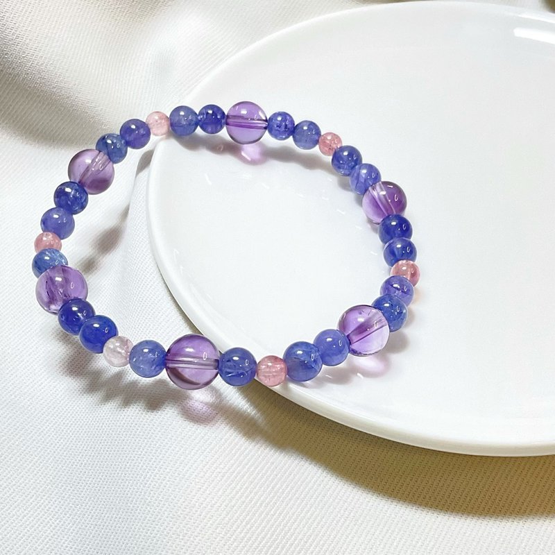 【严选】 透体丹泉石/坦桑石  紫水晶 粉红碧玺水晶手链 - 手链/手环 - 宝石 紫色