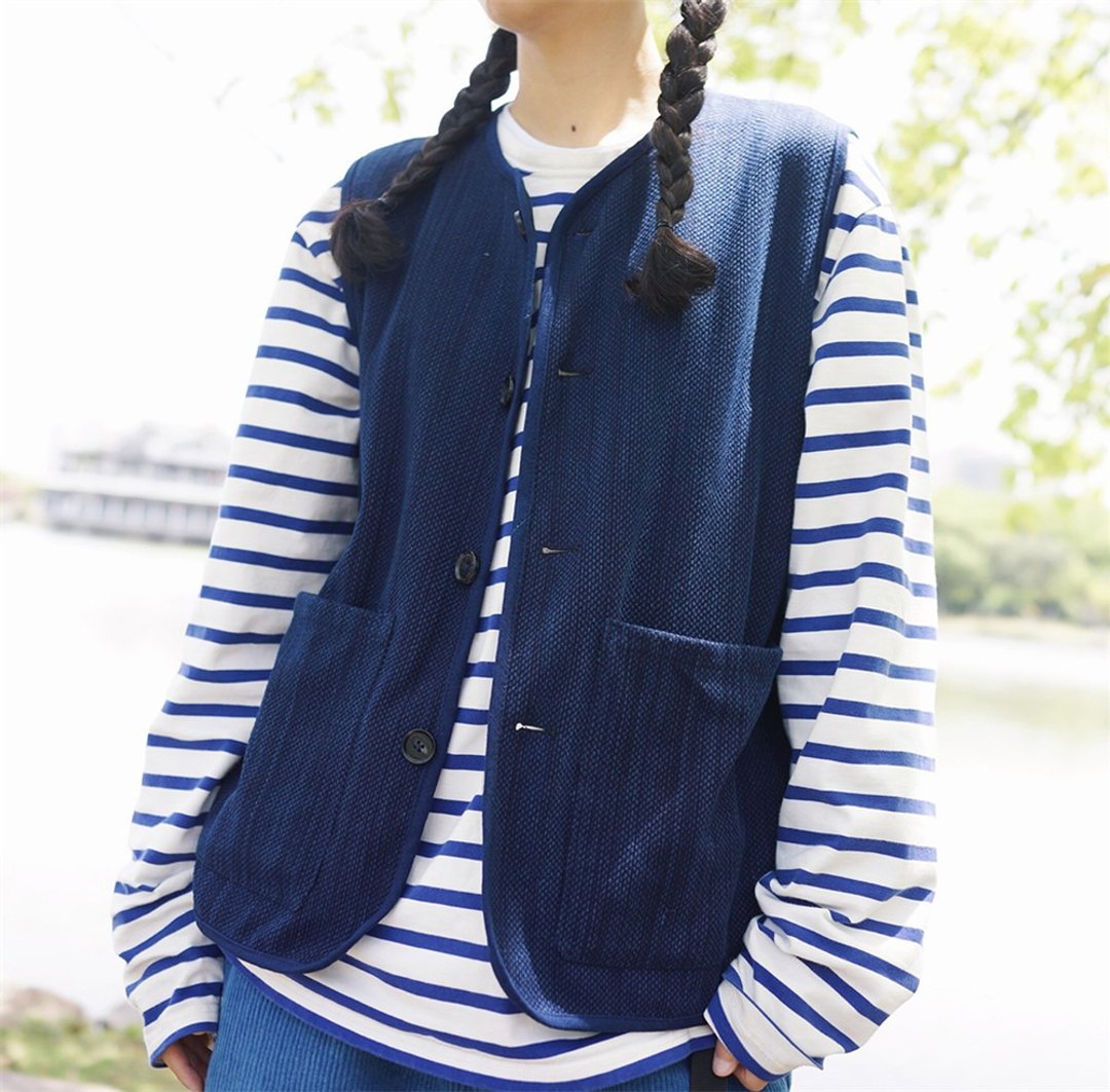 藏青色 植物藍靛染indigo 劍道服面料 男女同款 雙兜中性馬甲 - 女装休闲/机能外套 - 棉 蓝色
