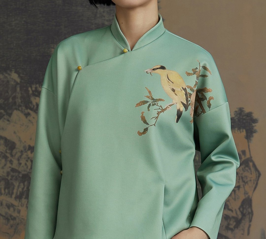 【卿喃】新中式复古 花鸟印花/立领改良唐装 - 女装上衣 - 其他材质 绿色