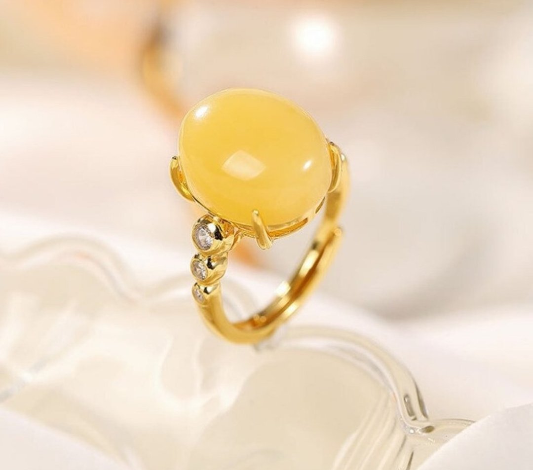 Natural Yellow Gemstones Amber Rings for Women Simple Blank Beeswax Fine Jewelry - 戒指 - 纯银 多色