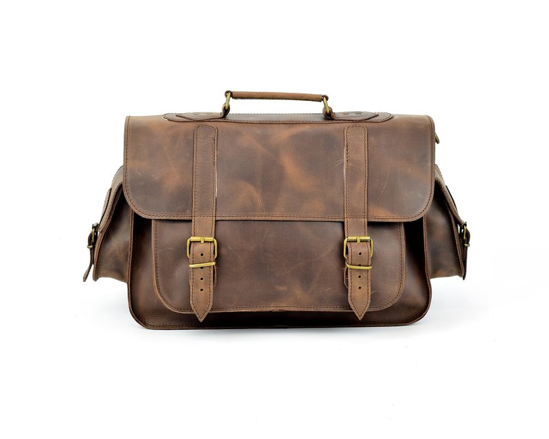 Leather Messenger Bag Men Waxed Leather Briefcase 15inch Laptop Bag Gift for Men - 侧背包/斜挎包 - 真皮 咖啡色