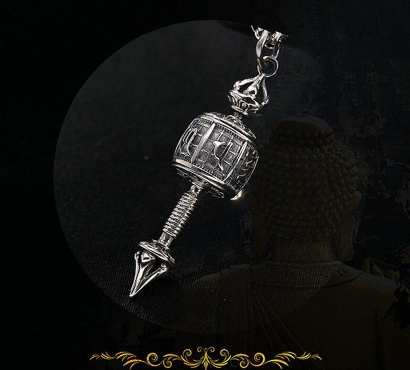 Real 925 Sterling Thai Silver Unisex Engraved Buddhism Mantra Vajra Pendants - 长链 - 纯银 银色