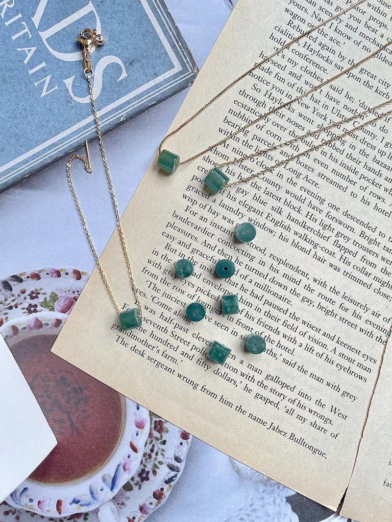 危地马拉翡翠A货-蓝水飘雪花路路通翡翠14k包金项链/手链 礼物 玉 - 项链 - 玉石 金色