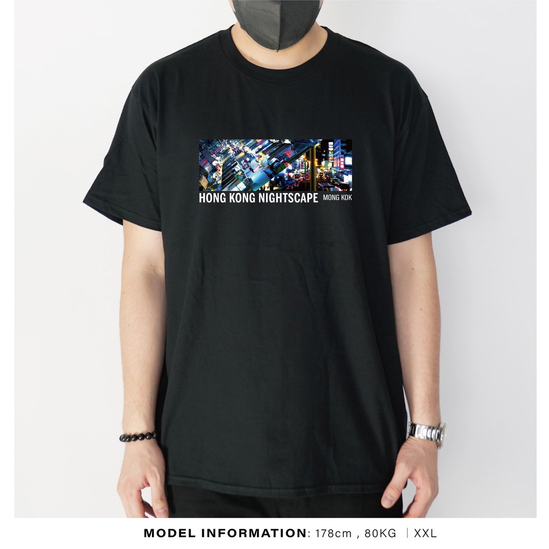 旺角夜景 -自家设计印刷T-Shirt - 男装上衣/T 恤 - 棉 黑色