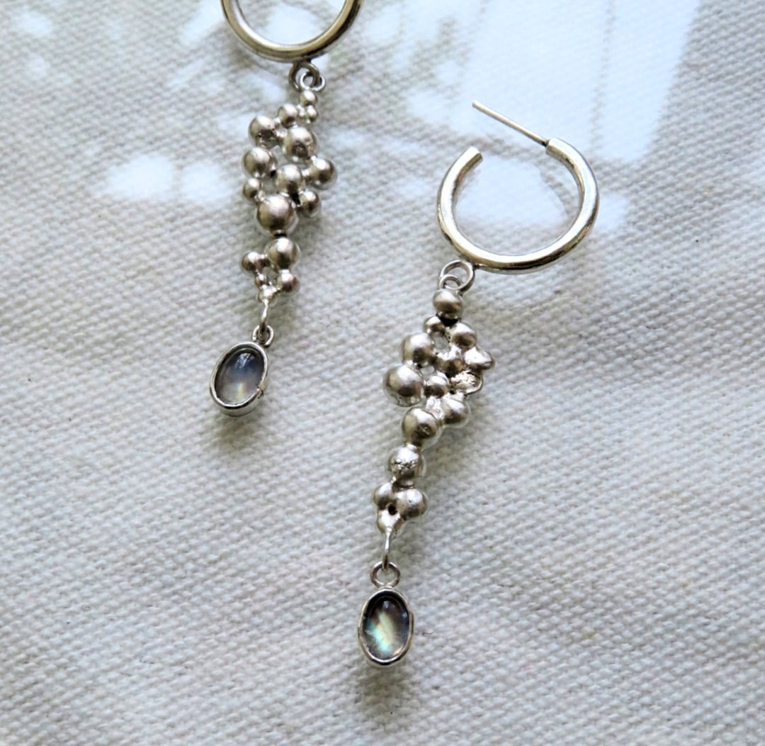 Moonstone and Silver 月光石纯银耳环 - 耳环/耳夹 - 宝石 银色