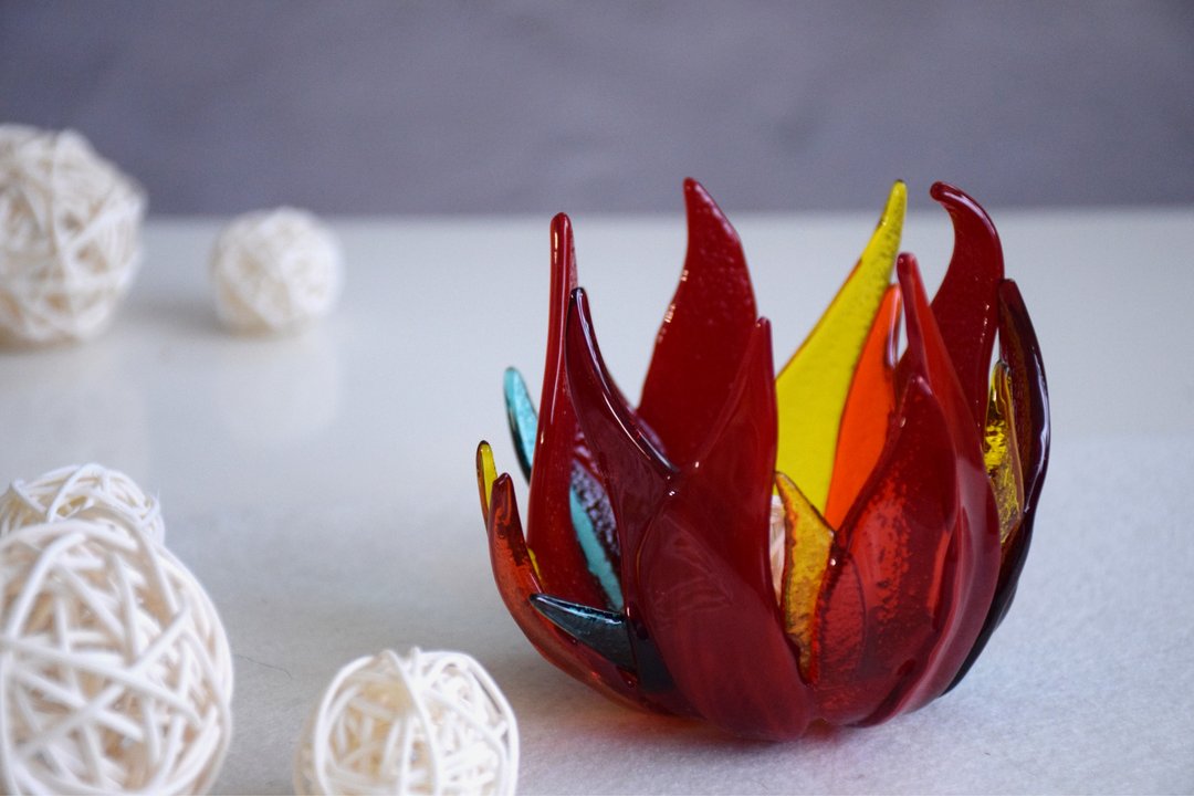Unique glass candle holder Fire - red fused glass christmas candlestick holder - 蜡烛/烛台 - 玻璃 红色