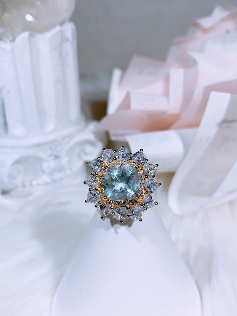 天然海蓝宝 方形花花款 3.46克拉 925纯银 3月诞生石下单前先聊聊 - 戒指 - 宝石 蓝色