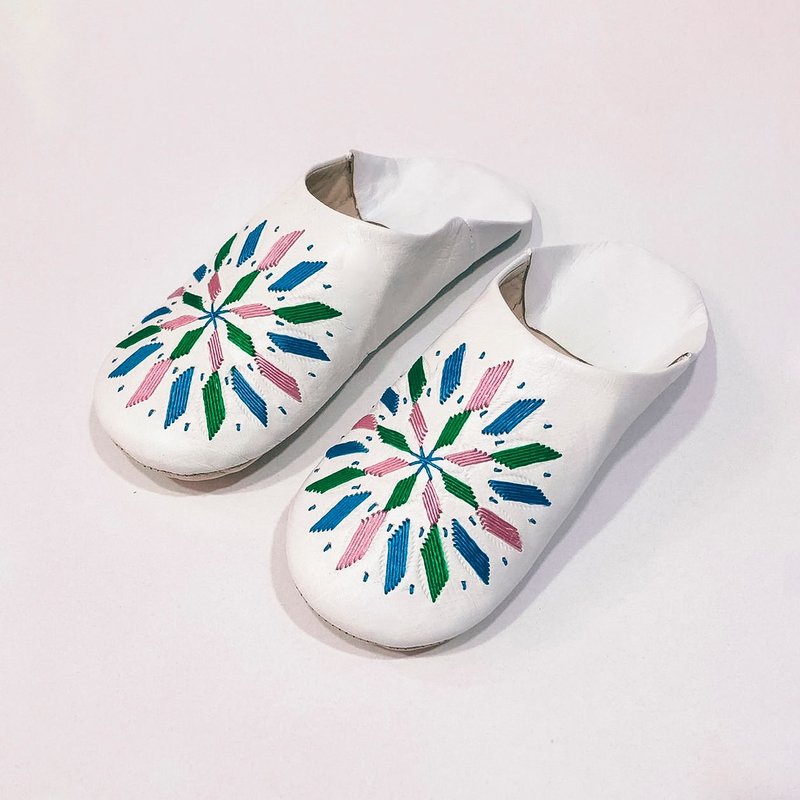 【Babouche 手工鞋】缤纷小花－圆 / 摩洛哥 - 室内拖鞋 - 真皮 白色