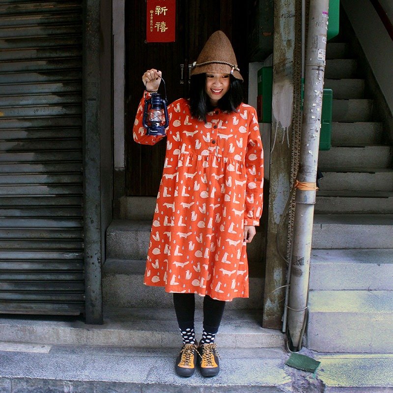 ✱满版狐狸洋装✱(橘红色) - 洋装/连衣裙 - 棉．麻 多色