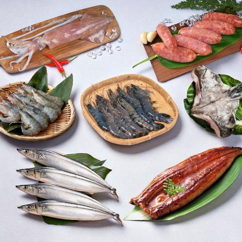 中秋极品烤飨盒(草虾+白虾+秋刀鱼+透抽+飞鱼卵香肠+鱼下巴+鳗鱼) - 其他 - 新鲜食材 