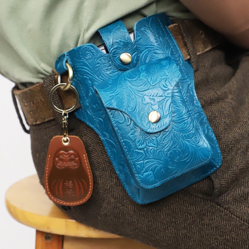 手工真皮男士腰包 机车风腰包穿皮带6.7寸手机包 牛皮收纳小包 - 其他 - 真皮 蓝色