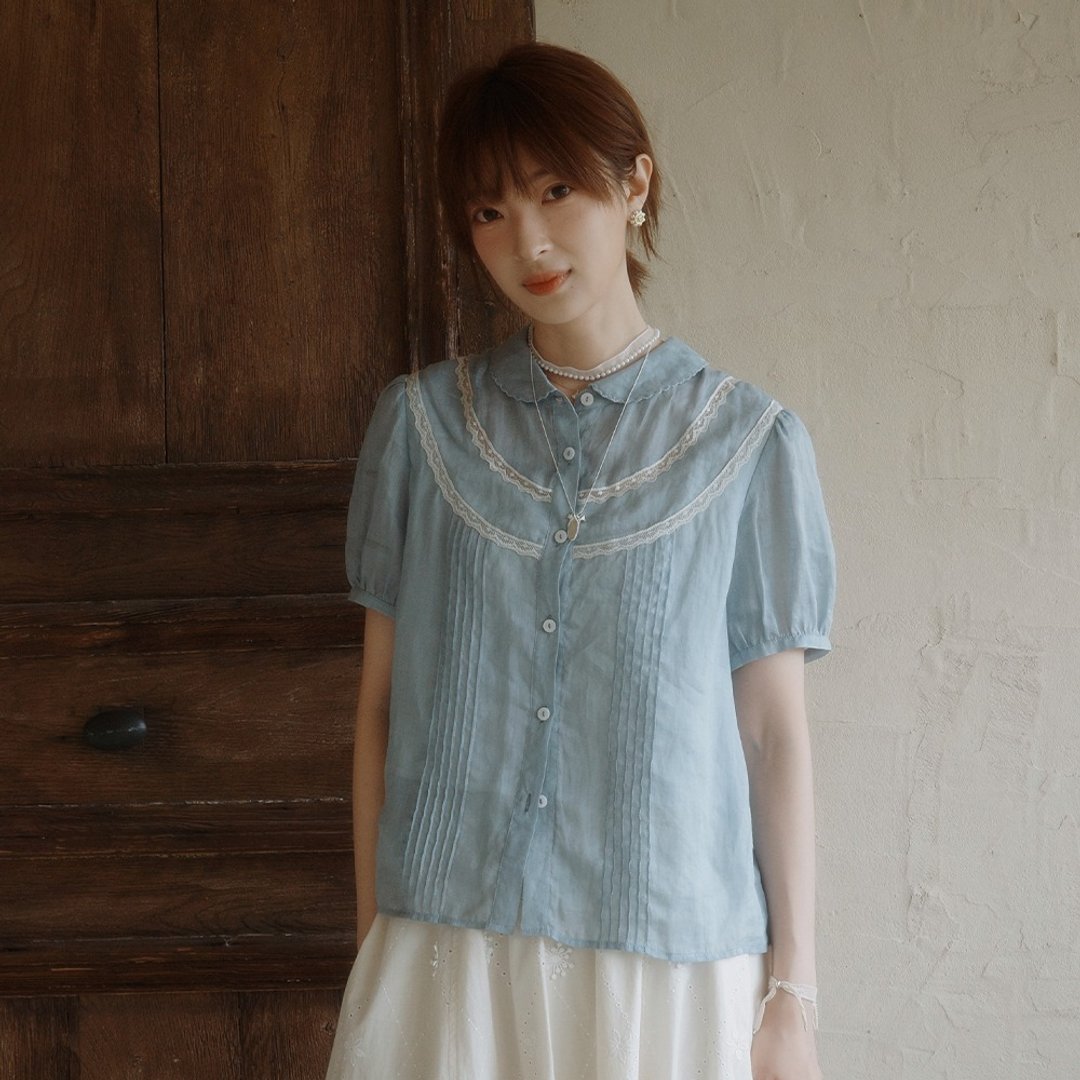 法式苎麻蕾丝小衫 | 衬衫 | 夏款|Sora-2118 - 女装衬衫 - 亚麻 蓝色