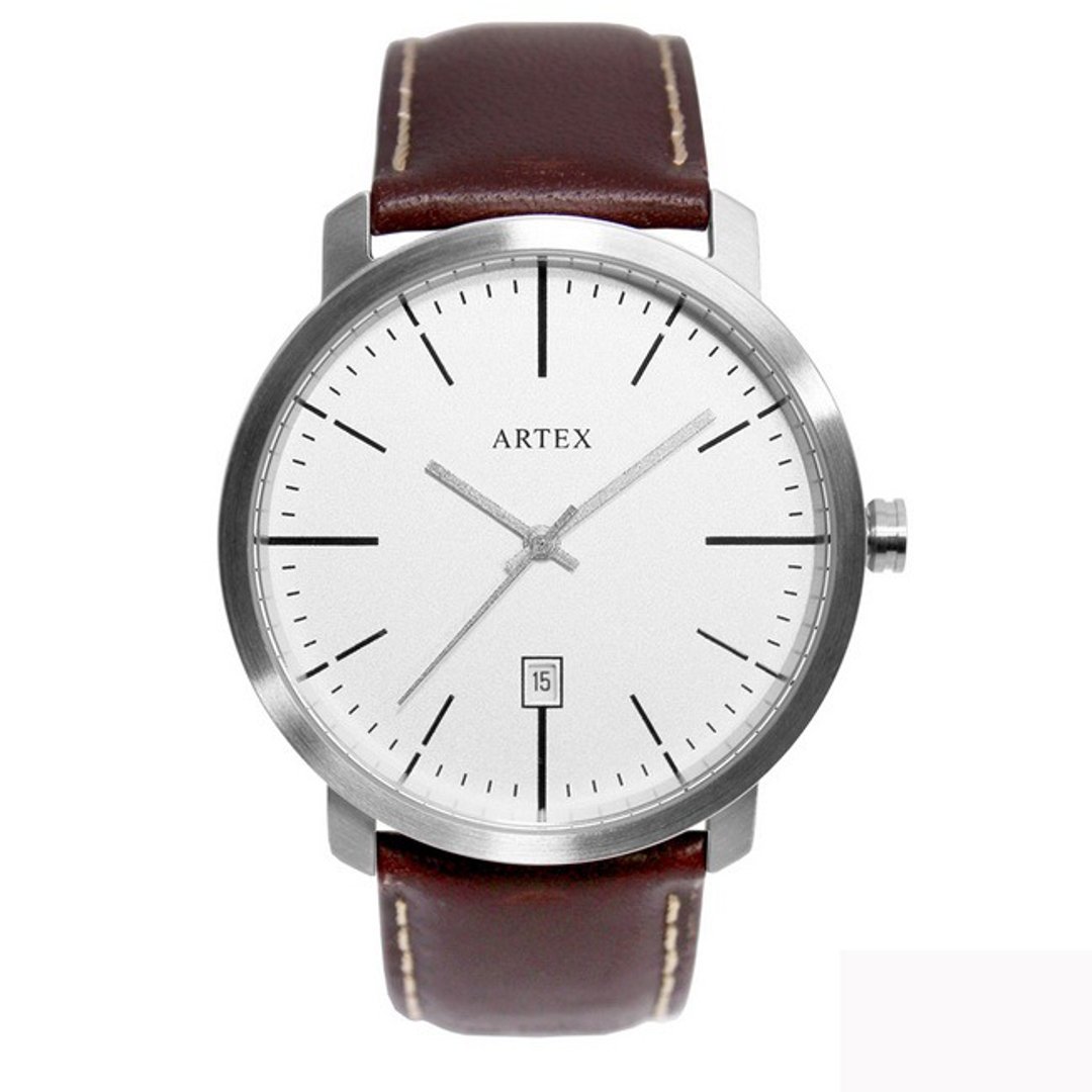 【即将完售5折】ARTEX 5936真皮手表-褐色/雾银42mm 有日期窗 - 男表/中性表 - 真皮 