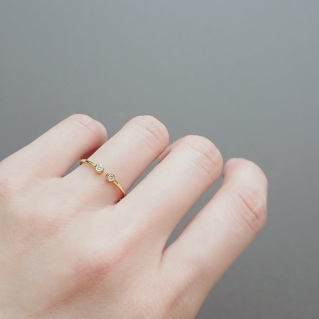 天然钻石纯 14K 黄金细戒 | 双钻可微调开口戒 | 定制手工 - 戒指 - 钻石 金色