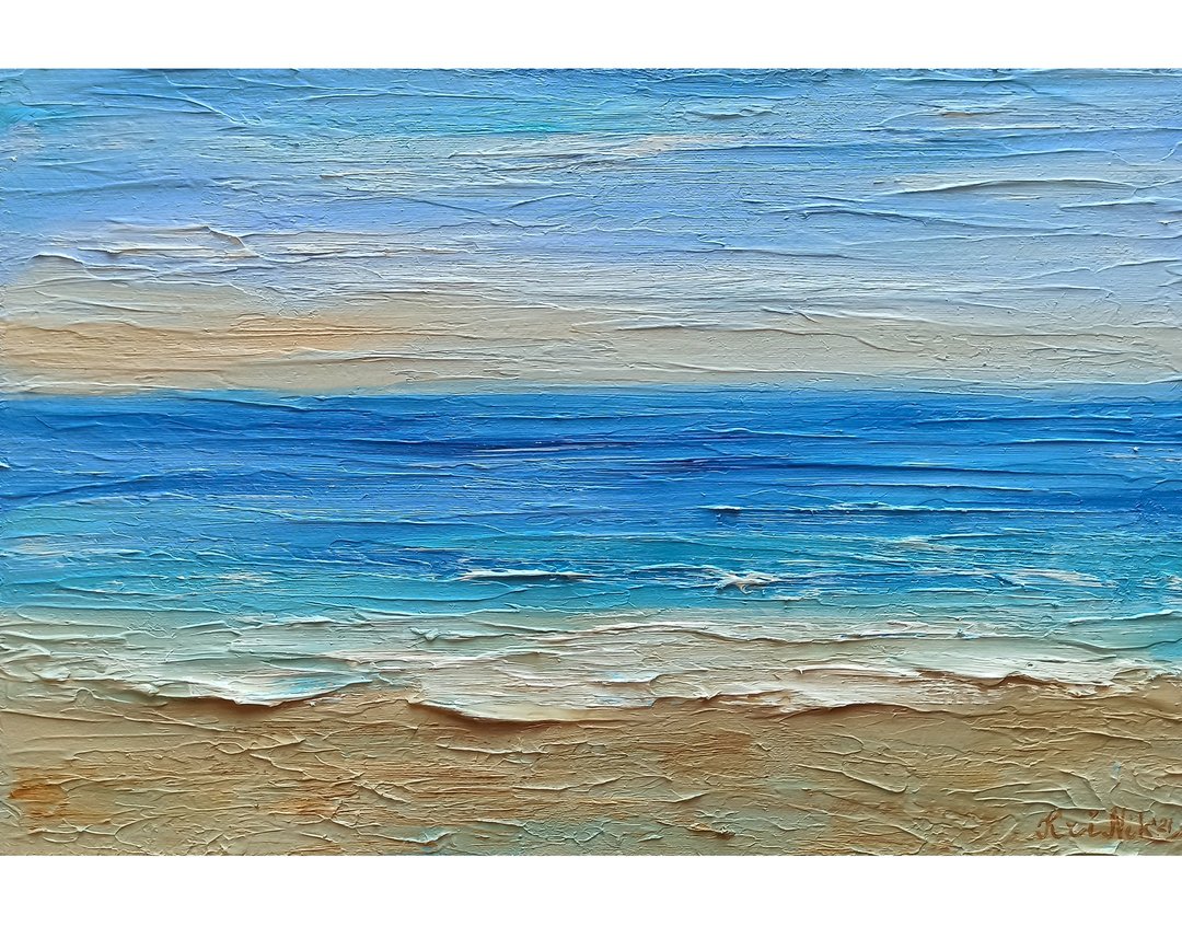 Seascape Painting Beach Impasto Oil Painting Textured Artwork Ocean Original Art - 海报/装饰画/版画 - 其他材质 蓝色