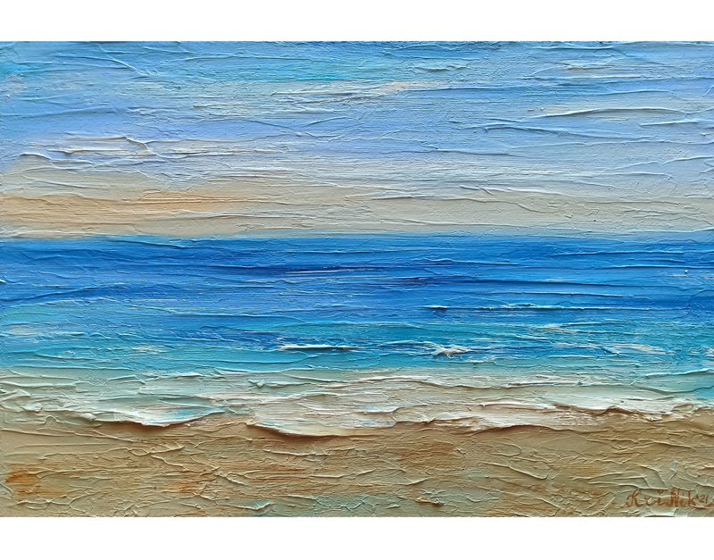 Seascape Painting Beach Impasto Oil Painting Textured Artwork Ocean Original Art - 海报/装饰画/版画 - 其他材质 蓝色