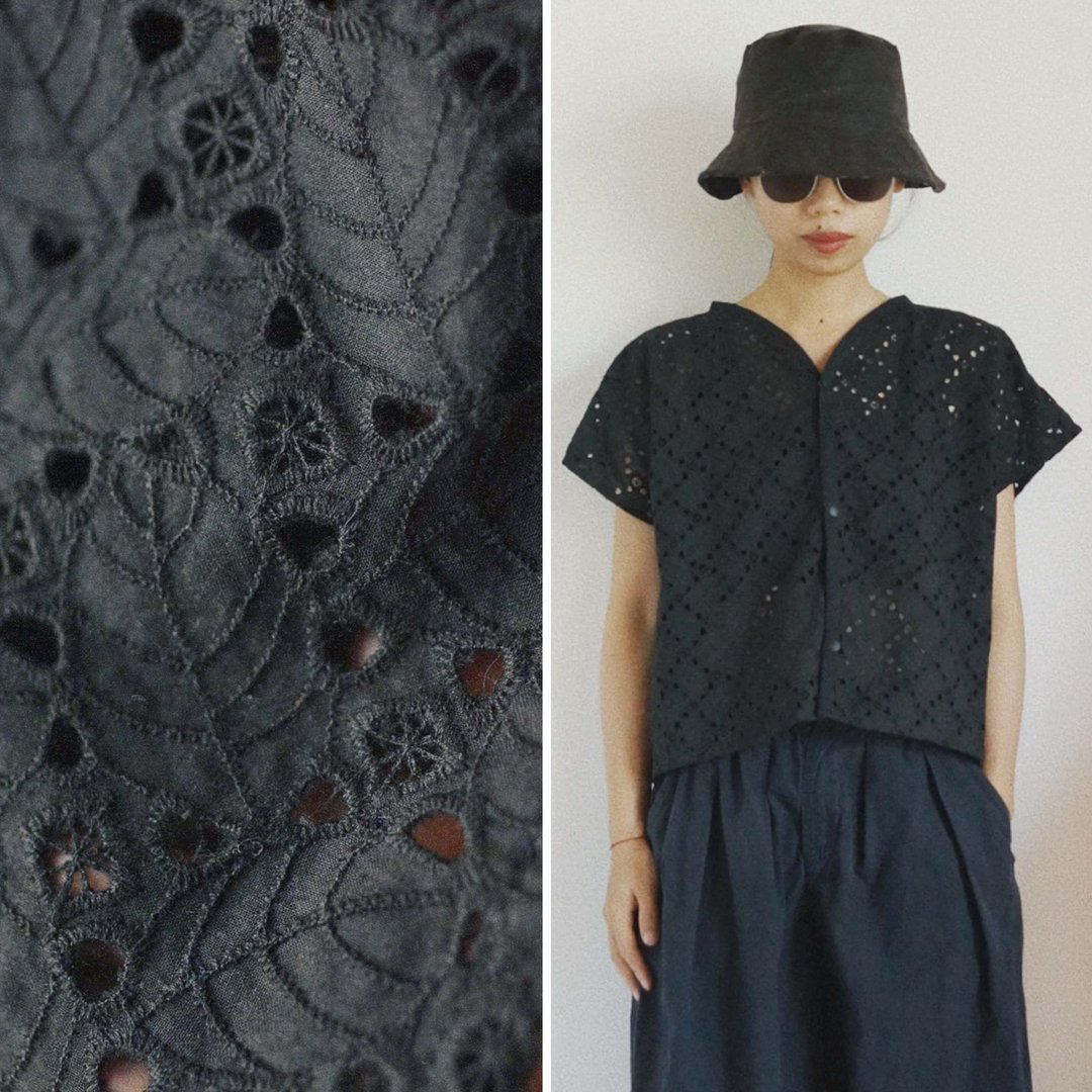 黑色樹葉刺繡鏤空提花 夏季短款短袖上衣 素雅重工蕾絲棉 - 女装上衣 - 棉 黑色