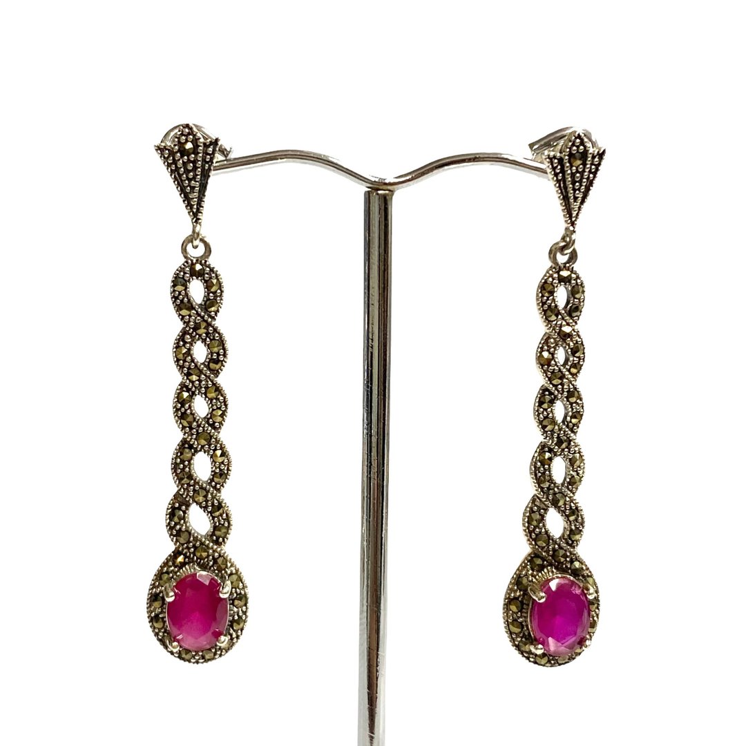Art Deco Style Ruby with Marcasite Large Spiral Earrings 925 Sterling Silver - 耳环/耳夹 - 纯银 银色