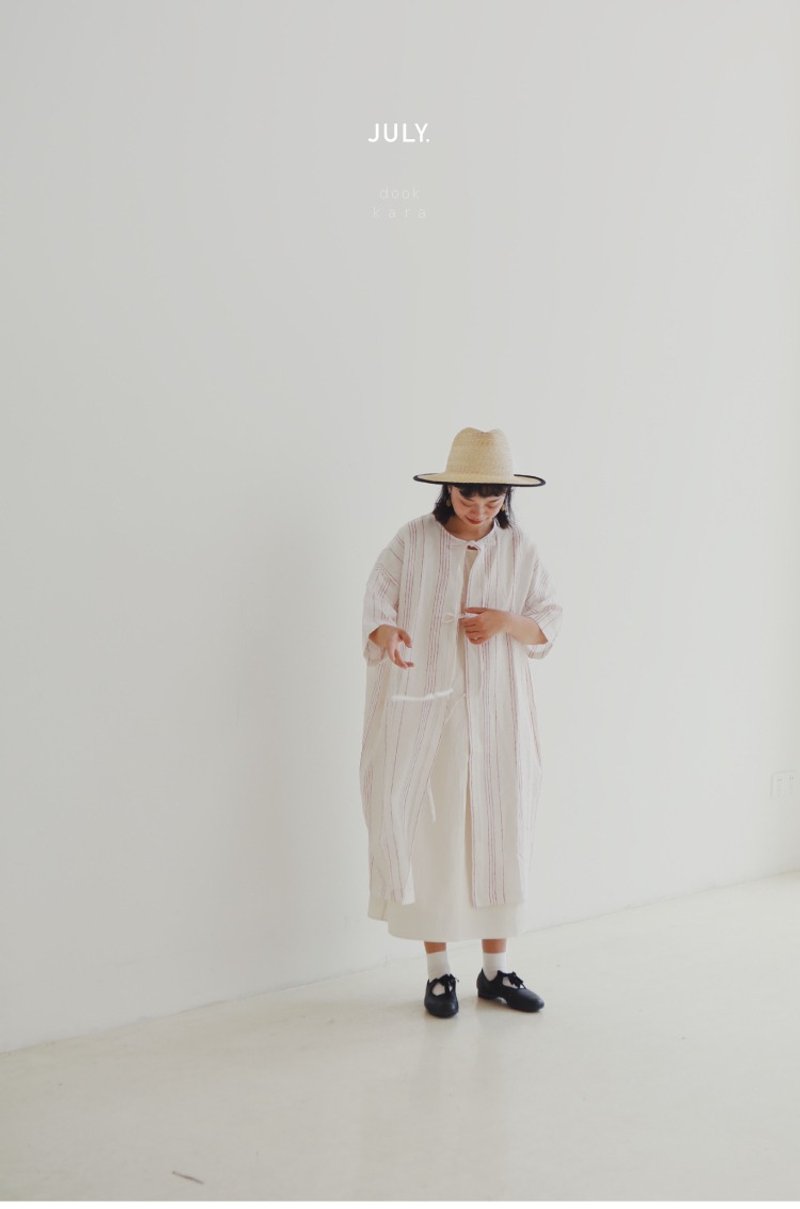 竖条纹亚麻罩衫 绑带开襟长袍 - 洋装/连衣裙 - 棉．麻 