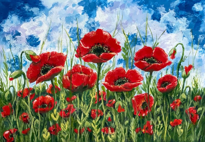 Field poppies against a cloudy sky. Painting Gouache. - 墙贴/壁贴 - 纸 